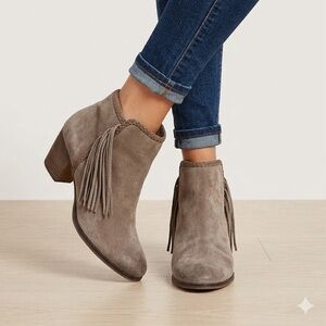 Franco Fortini Ella Suede  Fringe Booties | Size 7.5 | Taupe Heeled Ankle Boots